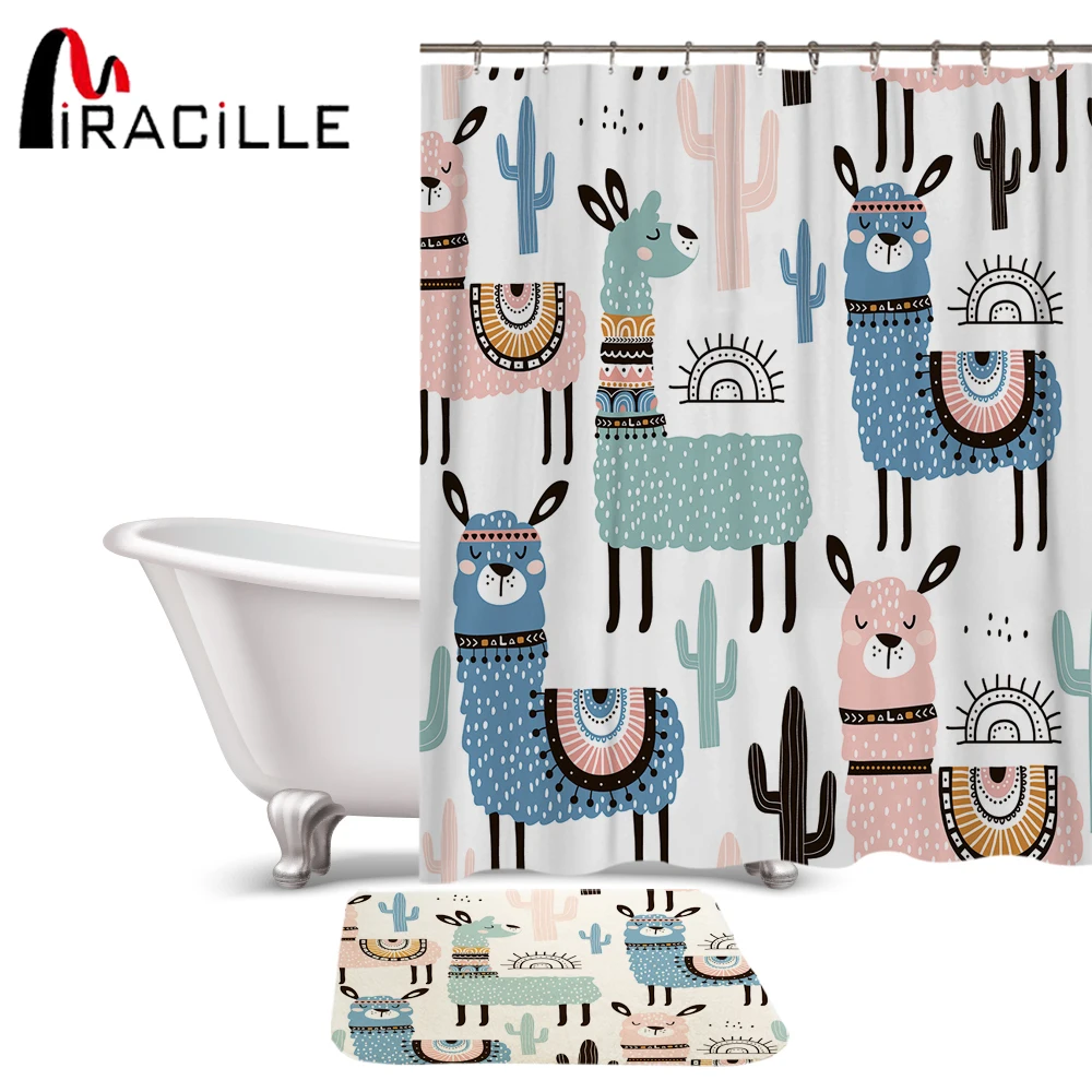 

Miracille Lovely Cartoon Alpaca Pattern Polyester Waterproof Shower Curtains With Rectangle Non-slip Floor Mat Bath Curtain Set