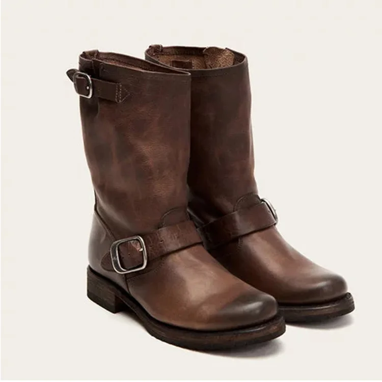 

Lady Ankle Square Heels Belt Design Motorcycle Martin Boots Shoes Women's Cowboy Buckle Round Toe Nubuck Western Boots