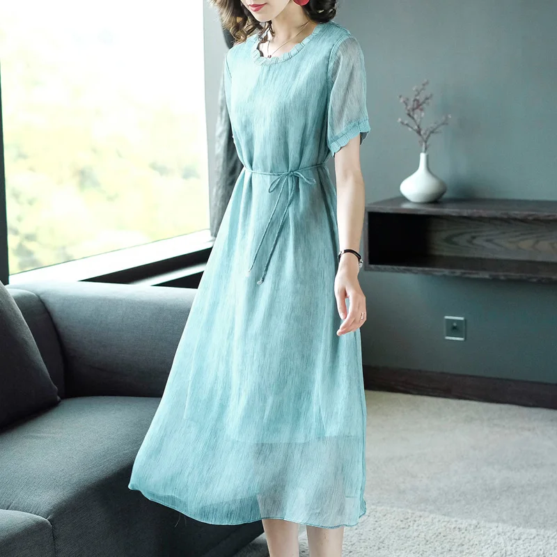 

2019 New Summer Women dress Chiffon Slim Someone Smell Long In Kidneys Dresses Blue 1708