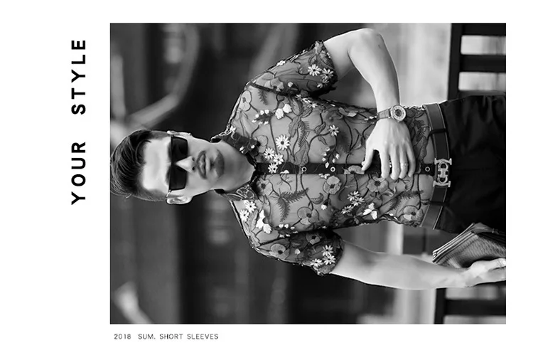 Цветок Кружевная рубашка вышивка See Through Рубашка Для мужчин Chemise Homme Marque Luxe сетка прозрачная летняя футболка с коротким рукавом