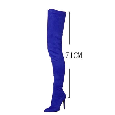 Женские сапоги с высоким голенищем 71 см замшевые эластичные сапоги высокие сапоги до бедра на высоком каблуке женские пикантные Сапоги выше колена с острым носком на молнии 35-44 - Цвет: Blue