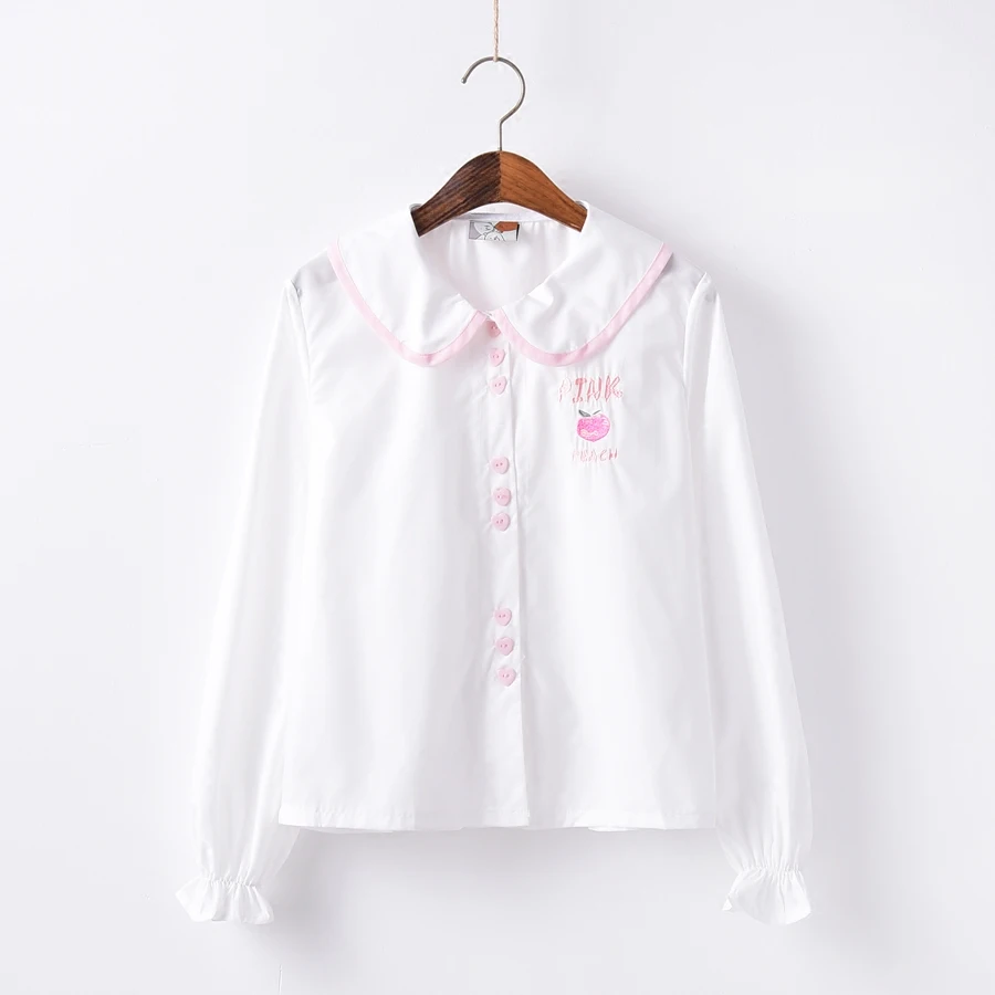 

2019 Autumn New Women's Sweet Letter Embroidered Shirt Top Women's Cotton Peter Pan Collar White Pink Cotton Long Sleeve