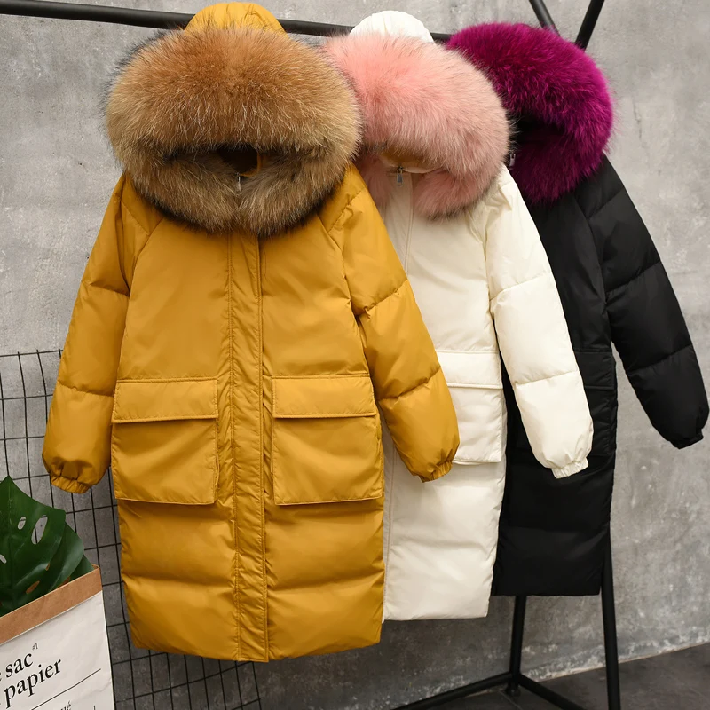 

Winter Women White Duck Down Jacket Warm Thick Hooded Large Real Fur Collar Long Down Parkas Outwear Loose Female Coat RH01058