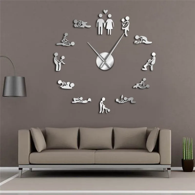 3d new sex position mirror silent wall clock modern design self adhesive wall clock for living room quartz watch sticker klok (2)