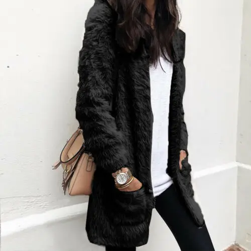 Зимнее женское теплое пальто с плюшевым мишкой, кардиган, Женское зимнее плотное пальто, куртка, верхняя одежда, открытая стежка - Цвет: Черный