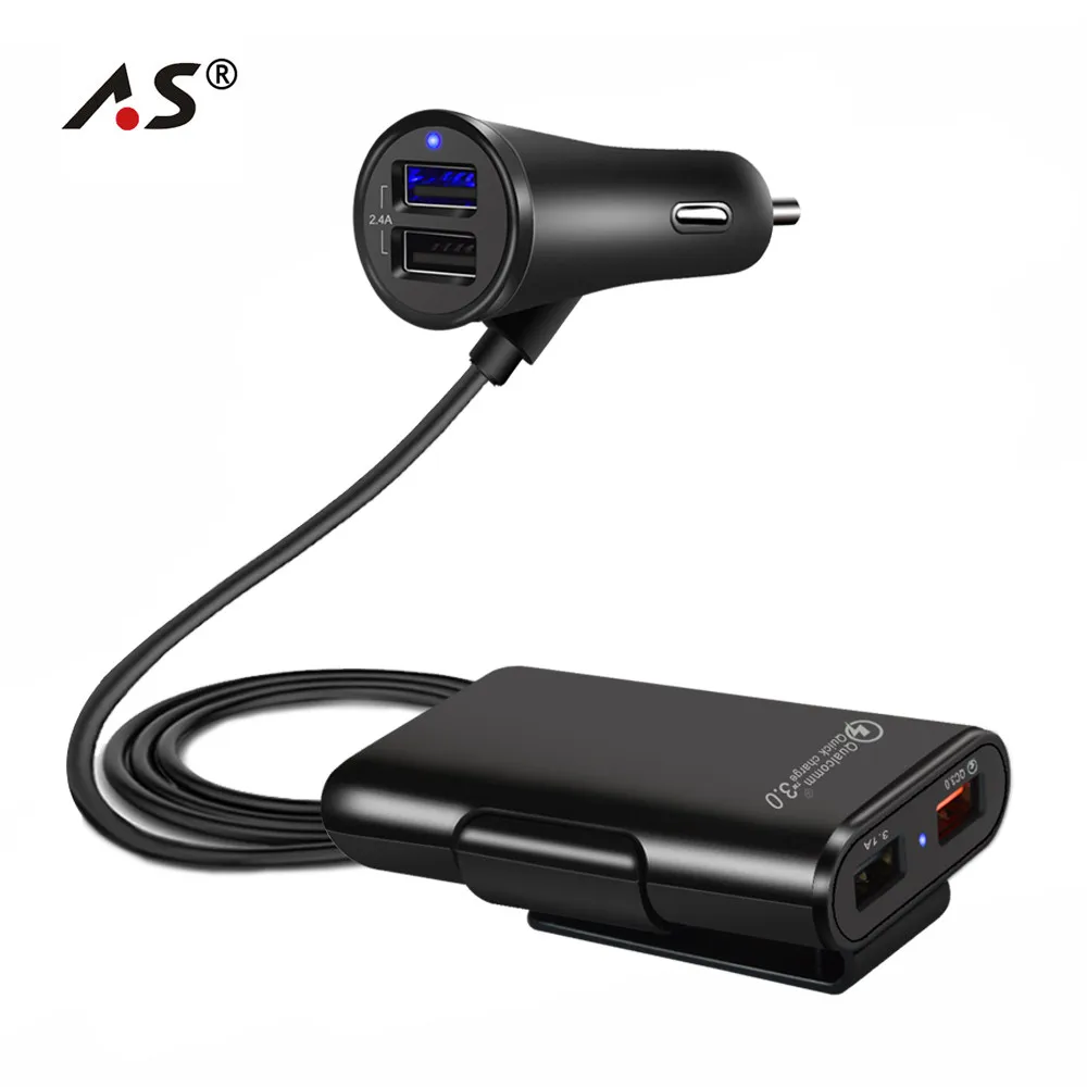 AS 7.2A 4 ميناء العالمي السريع شاحن سيارة مع 1.8 m كابل للقرص الهاتف الذكي لسامسونج Xiaomi QC 3.0 توسيع USB HUB