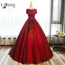 Rojo Floral Apliques Vestidos de Noche Vestidos de Bola Nupcial Del Partido de Tarde Formal Del Vestido vestido de noiva Moderno Rojo Borgoña vestido de Bola