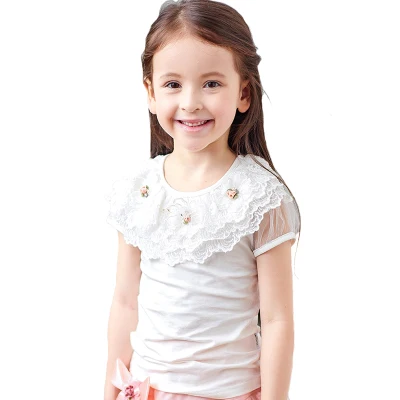 Футболки для девочек летняя одежда г., Новая Модная хлопковая футболка принцессы с короткими рукавами и круглым вырезом, кружевная блузка для девочек 6, 7, 8, 10, 12 лет - Цвет: white