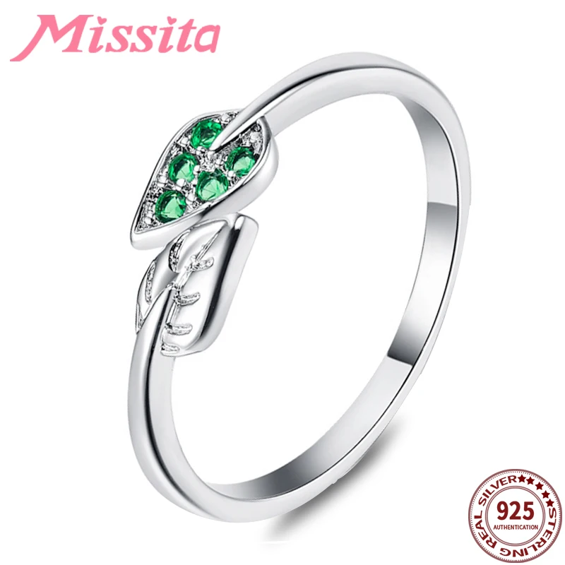 

MISSITA 925 Sterling Silver Romantic Green Leaf Rings For Women Wedding Gift with Stackable Zircon Ring Brand Jewelry