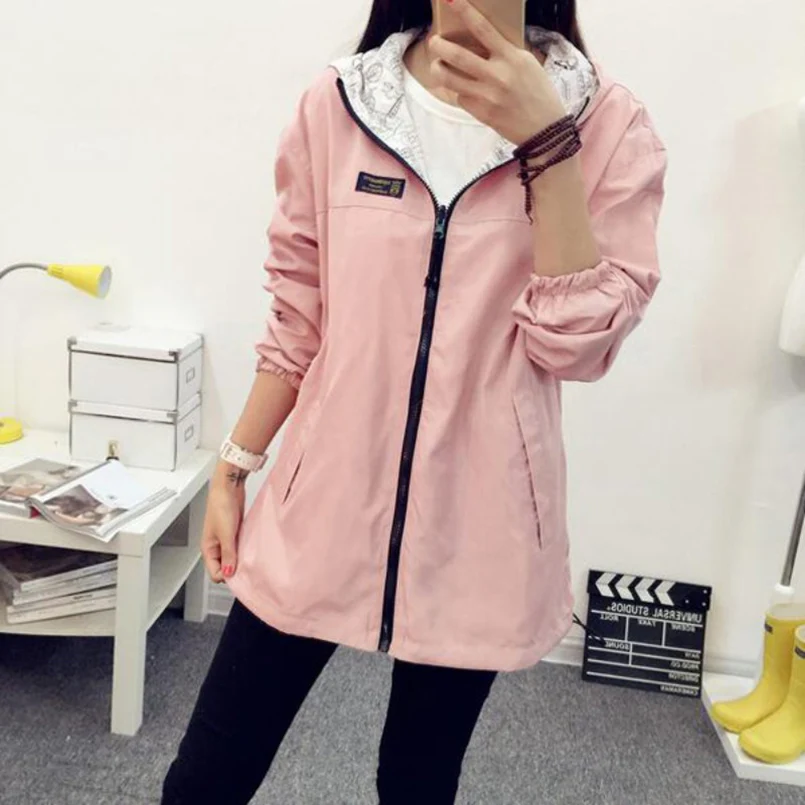 

Women jacket 2019 fashion spring women coat basic coats pink bomber Jacket pocket zipper hooded print outwear jacket women