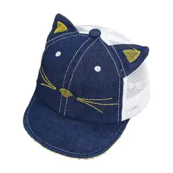 Унисекс сетки лоскутное Бейсбол Кепки Baby Cat Дизайн ухо вводная часть Регулируемые мягкие поля Бейсбол шляпа летом ребенок деним Кепки MZ4348