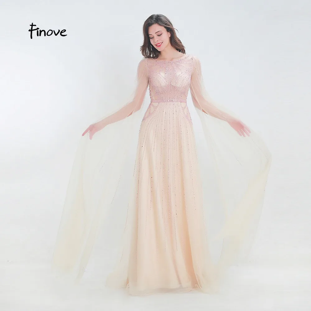Finove Evening Dress 2020 Long Champagne Fully Beaded Sleeves Tulle Elegant O Neck Formal Party Woman Robe de soiree | Свадьбы и