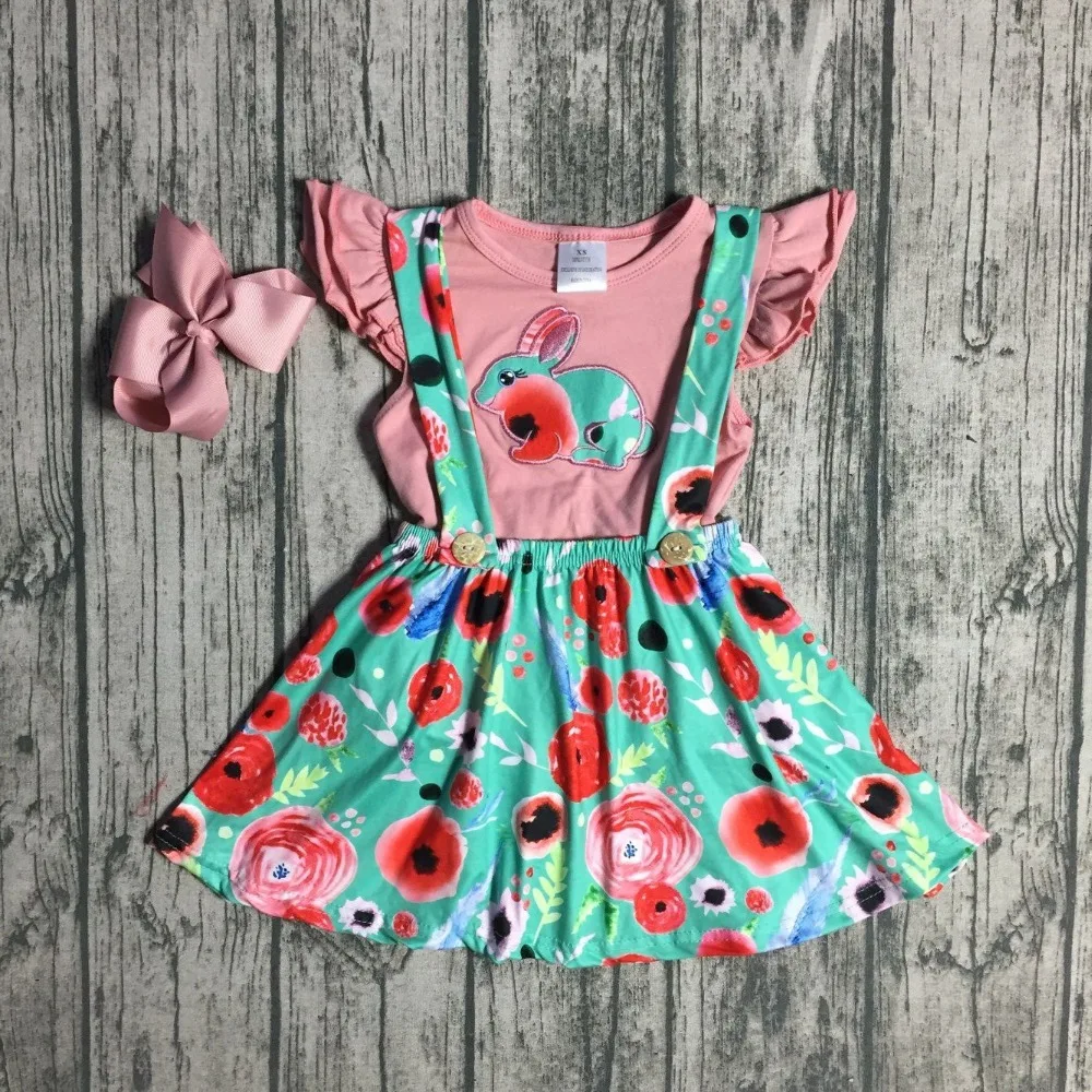 

Easter baby girls children clothes SUSPENDER SKIRT SET coral green bunny floral ruffles cotton milk silk knee length match bow
