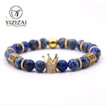 

YIZIZAI DIY Bracelets Trendy Imperial Crown Inlay Charm Men bracelets 8mm Natural Stone Beads Women Men Jewelry Pulseras Mujer