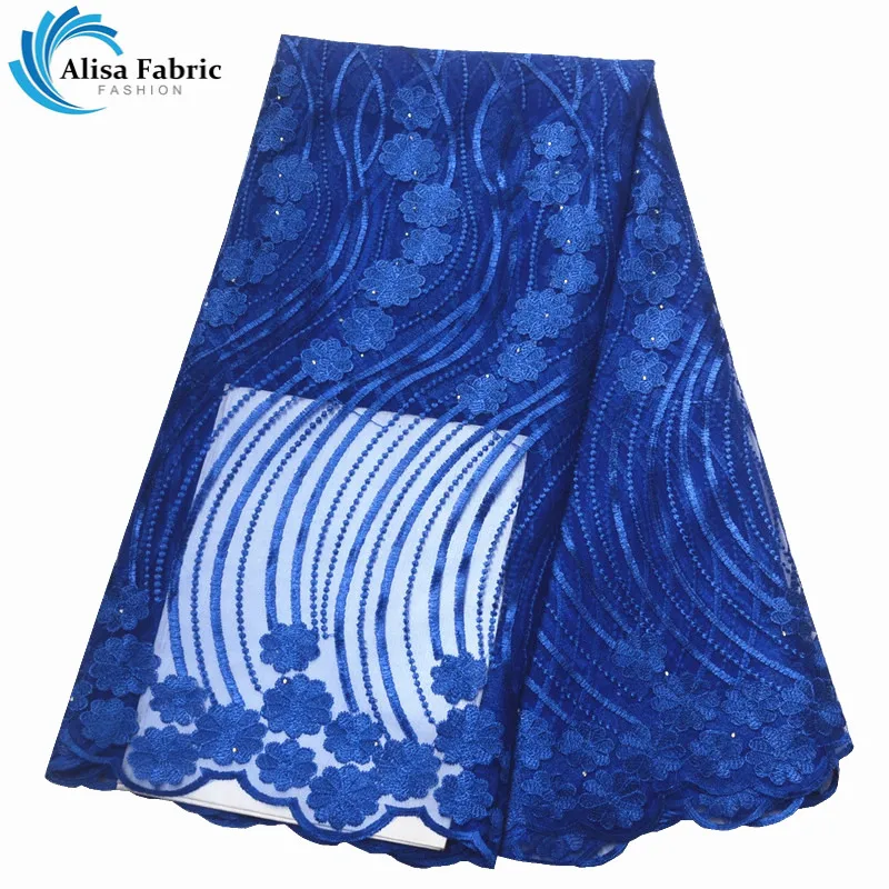 

Alisa Blue Latest African high quality French mesh lace fabrics 2019 embroidery Nigerian lace fabric with stones for party dress