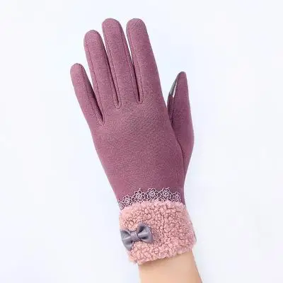 Модные элегантные женские перчатки для экрана зимние женские кружевные теплые кашемировые варежки с бантом - Цвет: Photo Color