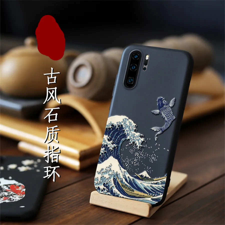 

2019 Great Emboss Phone Case For Huawei P30 cover Kanagawa Waves Carp Cranes 3D Giant relief Case For Huawei P30 Pro