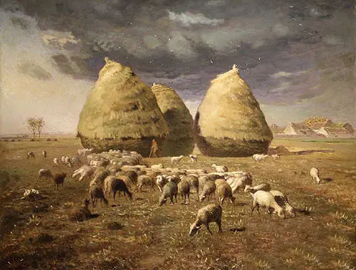 

Large Oil painting Millet Haystacks Autumn with sheep in landscape canvas 36"