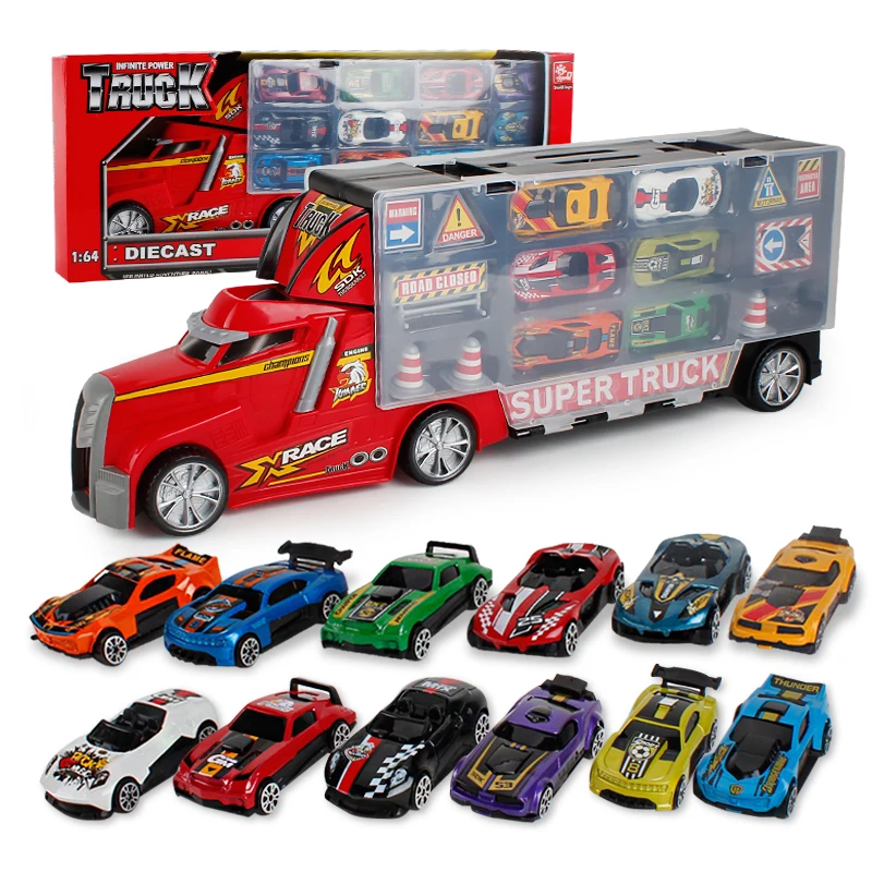 

1pc Container Truck+12pcs Mini Alloy Cars Super Truck Action Model Racing Car Toys With Box Gift For Children #E