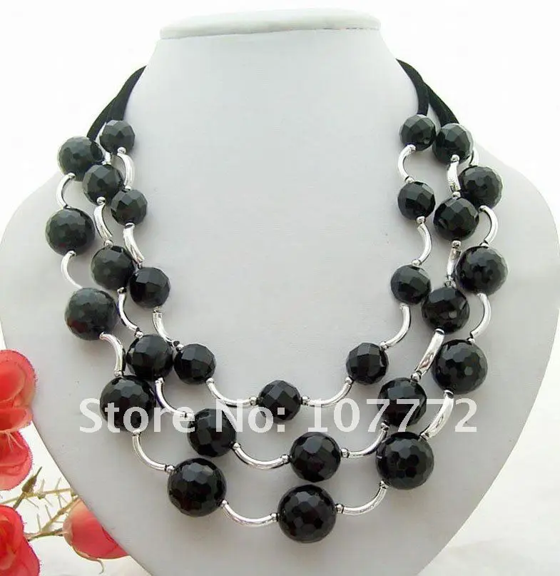 

3 strands Round Black Faced Onyx Neklace