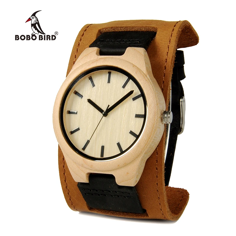 BOBO BIRD Round Vintage Men's Watches Bamboo Maple Top Luxury Brand Genuine Leather Wristwatches Dress Watches For Men