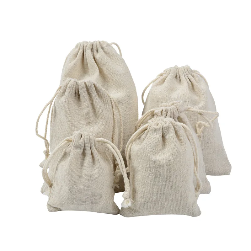 50 шт. белые хлопковые Джутовые Сумки из натуральной мешковины, Подарочный мешочек для конфет, сумки на шнурке для свадебной вечеринки, подарочные сумки для хранения