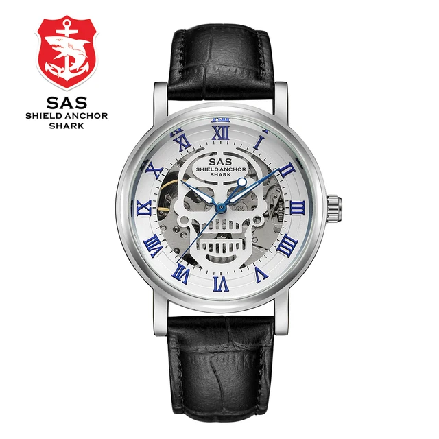 SAS Shield Anchor Shark Vintage Watch Mechanical Skull Skeleton Steampunk Watch Men Fashion Design Leather Wristwatch Mens Watch
