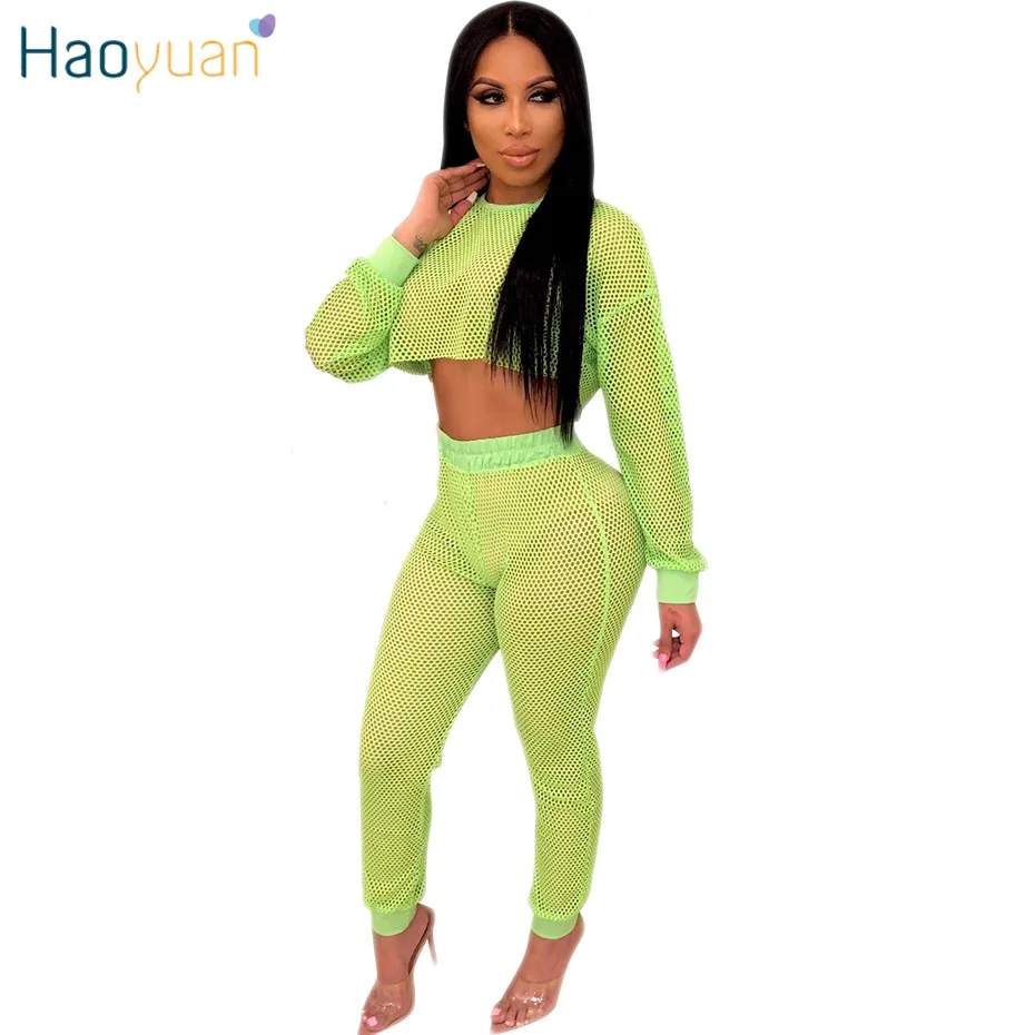 

HAOYUAN Neon Green Fishnet Mesh Two Peice Set Women summer Crop Top and Pants with Panties Sexy club outfits 2 pcs Matching Sets