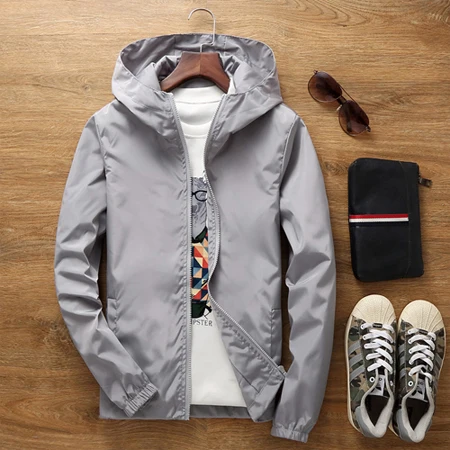 Осенняя куртка с капюшоном Мужская/Женская Повседневная тонкая однотонная ветровка на молнии для мужчин куртка размера плюс M-7XL 1718 - Цвет: Серый