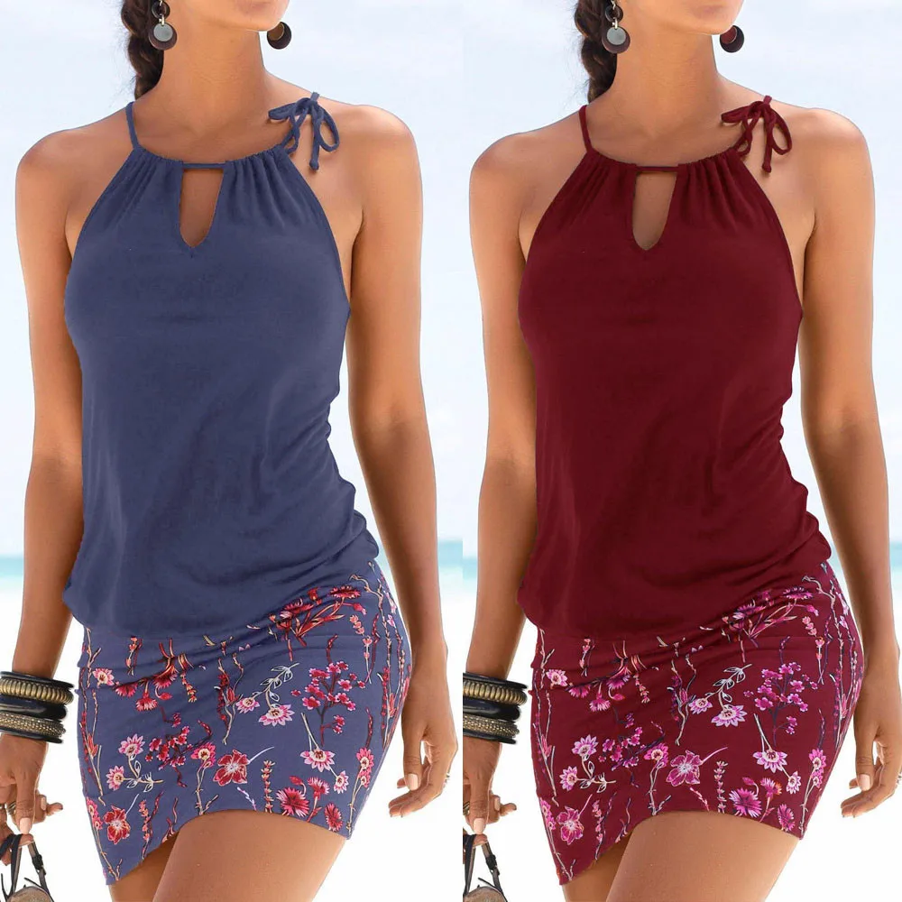 

Women Dress Summer 2019 Fashion Women's Dresses Casual Sleeveless Retro Halter Print Beach Mini Dress Beach Dress Free Shipping