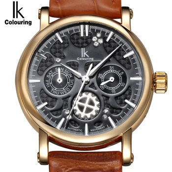 

IK Colouring Automatic Self Wind Watch Nail Scale Multifunction Sub Dial Week Date Hollow Unique Rhinestone Business Watch