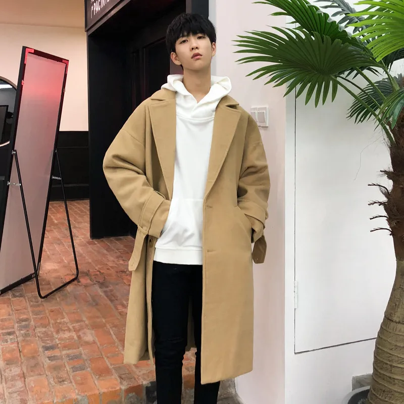 

2019 New Winter Wool Blends Men's Trench Casual Loose Khaki Long Coats Japanese Trend Woolen Men Windbreaker Outwear DS50822