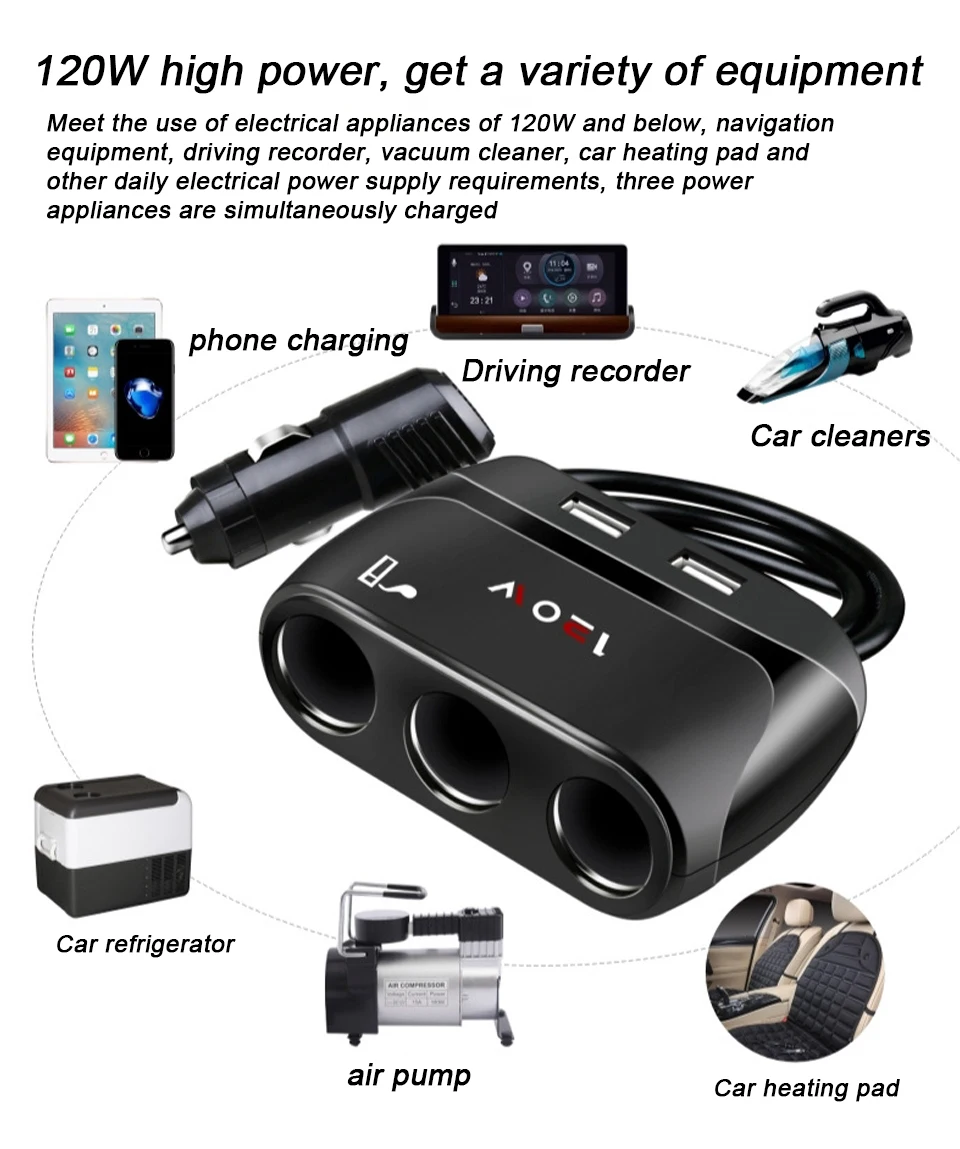 AOSHIKE автомобильное зарядное устройство Универсальный многофункциональный 3.1A 12 в 120 Вт двойной USB адаптер с переключателем один для двух автомобильных прикуривателей