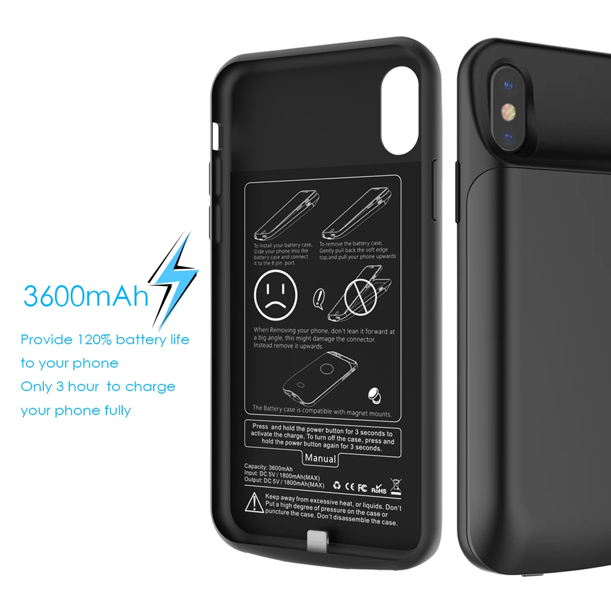 3600 мАч Внешний аккумулятор, чехол для iPhone X/Xs, чехол для внешнего резервного зарядного устройства, чехол для iPhone X/Xs, чехол для зарядного устройства телефона