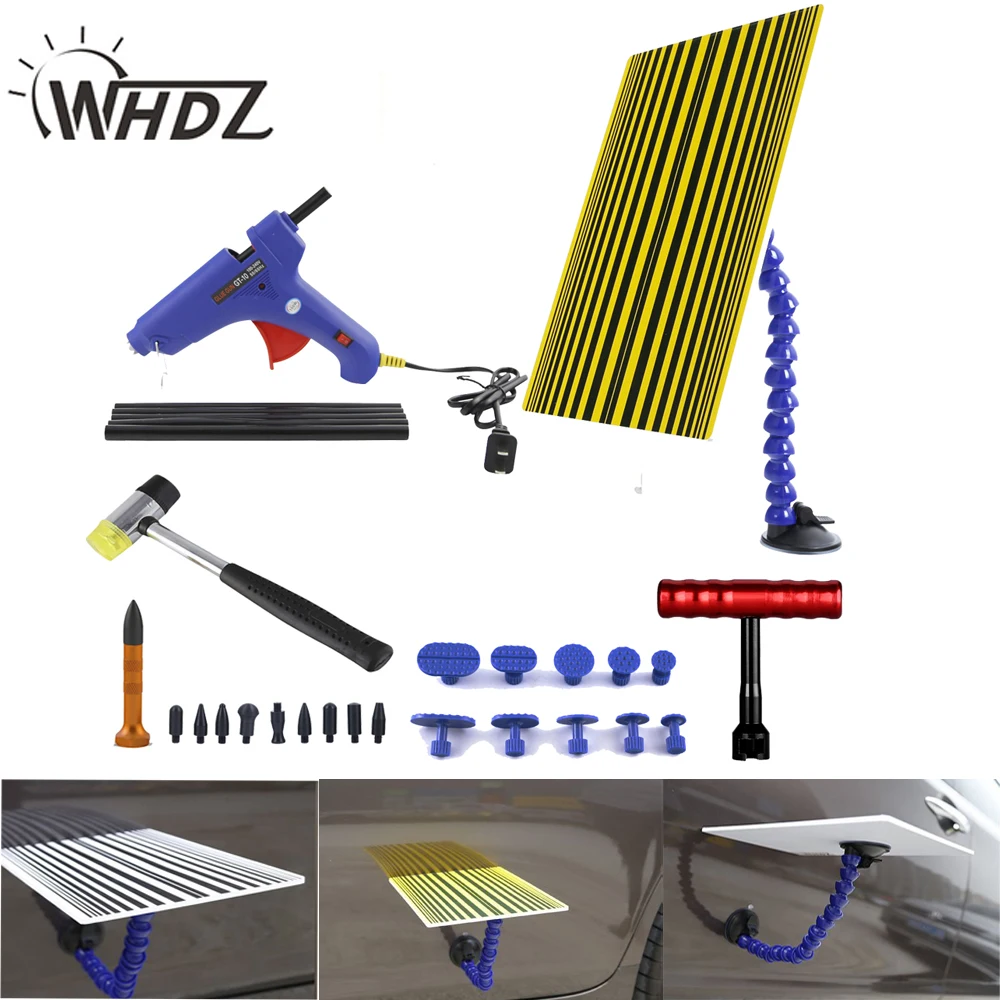 

20 pcs PDR Tool Kit - PDR Line Board Reflector Board with PDR Tool T-Bar Knock Down Dent Hammer Puller Tab Glue Gun Glue Sticks