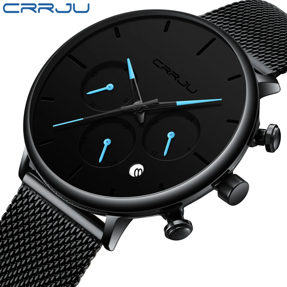 Rerkek kol saati CRRJU для мужчин s простые часы лучший бренд класса люкс повседневные спортивные часы для мужчин черный циферблат Кварцевые часы со стальным ремешком