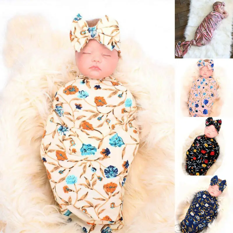 

New Baby Wrap Swaddle Wrap Blanket Sleeping Bag Swaddle Muslin Soft Newborn Boy Girl Headband Bow Flowers Cute Baby Photo Props