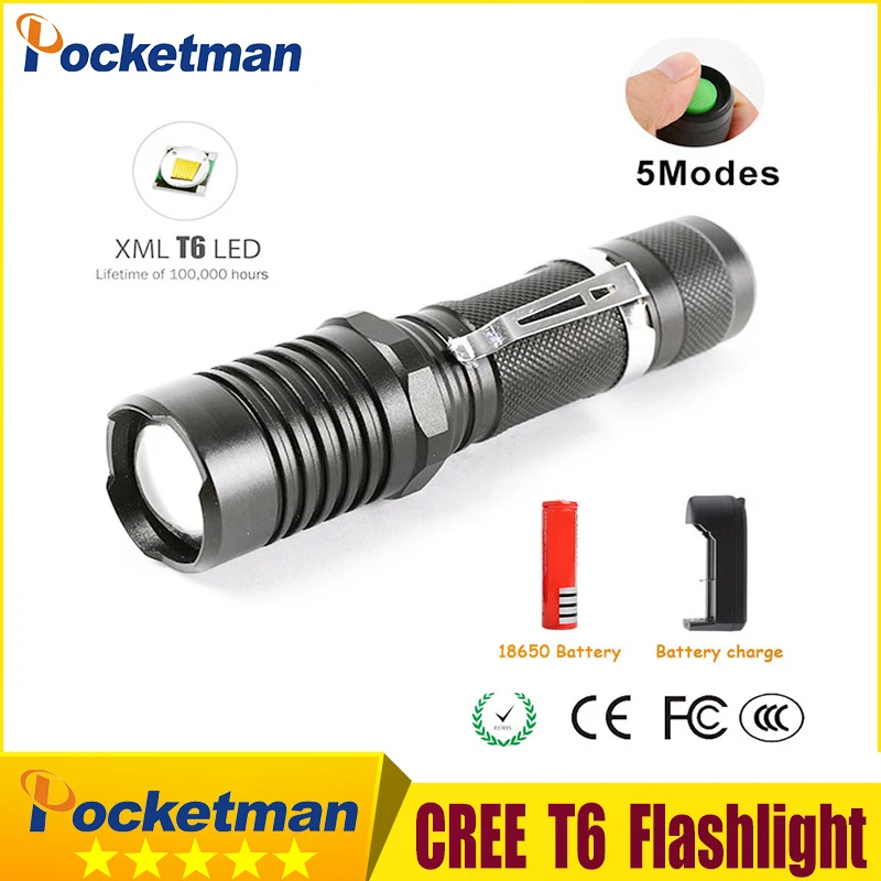 

Super Bright Tactical Flashlight Zoomable Water-Resistant Led Torch 3500 Lumens LED XM-L T6 5 Light Modes For 18650 battery