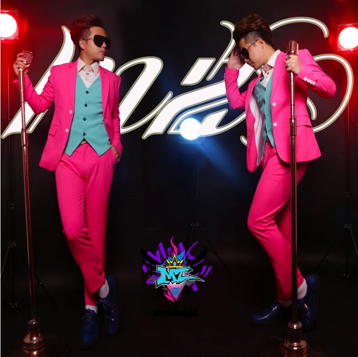 

Two-piece Suit Men Dress Singer Fashion Blazers Dj Nightclubs Right Zhi-long Gd Same Style Stretch Linen Rose Suit Costumes