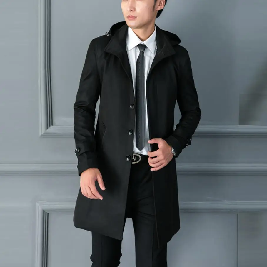 2017 spring slim men trench casual medium long with hood
