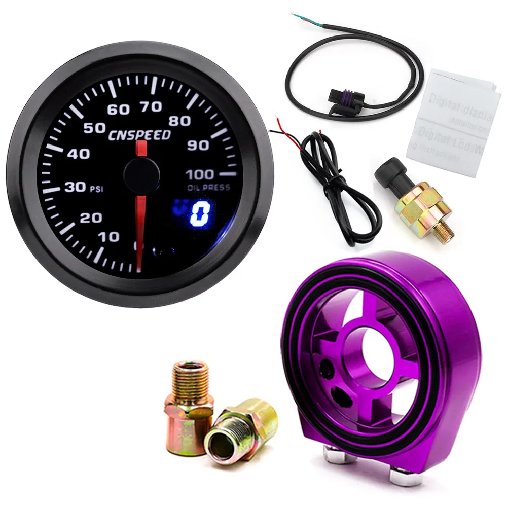 purple Adapter " 52 мм 7 цветов светодиодный Автомобильный датчик давления масла 0-100 PSI цифровой двойной дисплей Автомобильный счетчик Масляный фильтр Сэндвич пластина адаптер - Цвет: purple Adapter