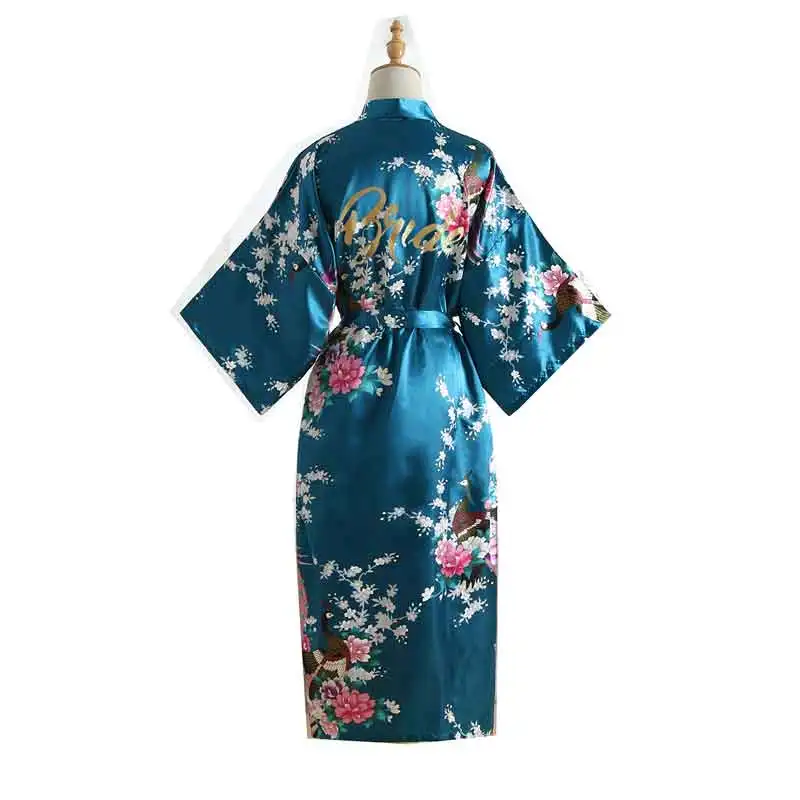 BZEL Шелковый Атласный Свадебный халат для невесты, подружки невесты, сексуальный цветочный халат, длинное кимоно, халат, ночной халат, банный халат, модная одежда - Цвет: sea blue