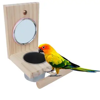 

Bird Bowl Hanging Mirror With Bird Feeder Funny Wooden For Parrots Cockatiel Vogel Speelgoed Parrot Cage Pet Food Bowl