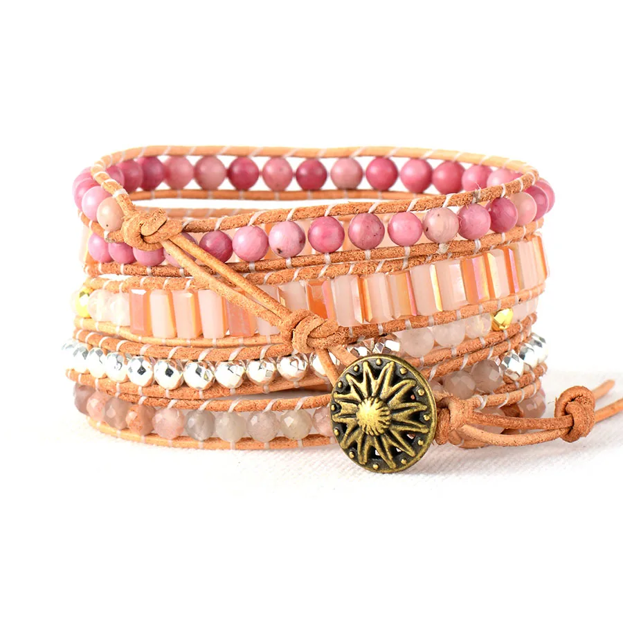Women Beads Leather Bracelet Natural Stones Pink Quartz Crystal 5 Strands Woven Wrap Bracelets Bohemian Bracelet Dropship - Image 3