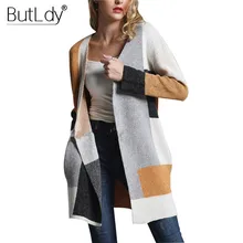 Разноцветный свитер в стиле пэчворк, Женский вязаный длинный кашемировый кардиган, свитера, Осень-зима, Повседневная вязаная одежда, пальто