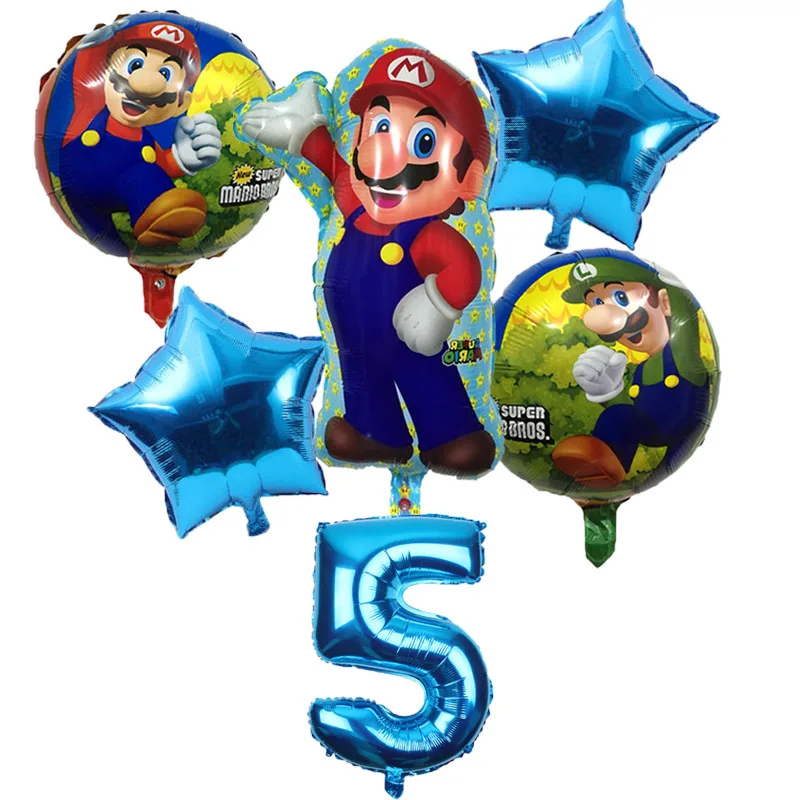 6pcs Super Mario Balloons 32 inch Number Balloons Boy Girl Birthday Party Mario Luigi Bros Mylar Blue Red Balloon Set Decor - Цвет: blue 5