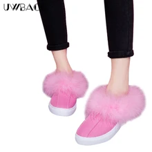 Uwback 2016 Women Flat Shoes Faux Fur Ostrich Fur Lazy Casual Women Slippers Autumn Woman Sewing Canvas Shoes CJJ013