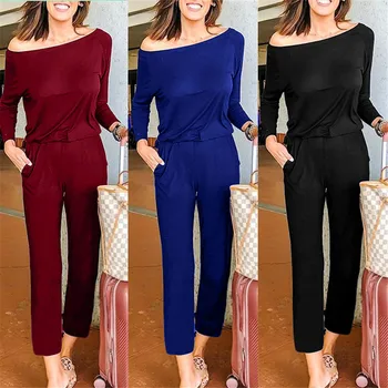 

Women A-line Collar Long Sleeve Jumpsuit Solid Color Casual Loose Jumpsuit XRQ88