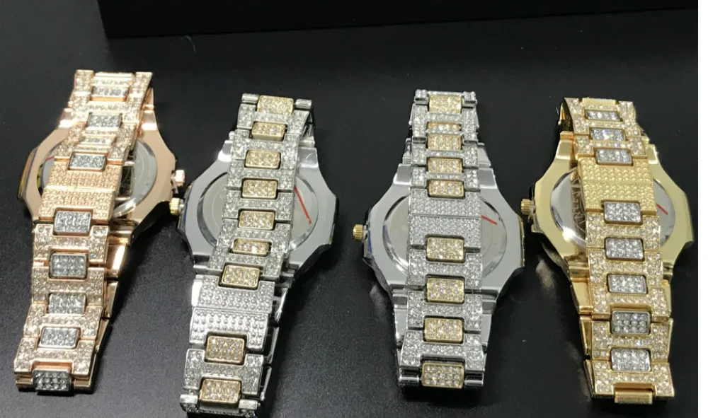 Роскошные мужские часы с бриллиантами в стиле хип-хоп, часы, ожерелье, браслет, серьги и кольцо, набор из кубинского топового бренда, Роскошные блестящие часы из нержавеющей стали