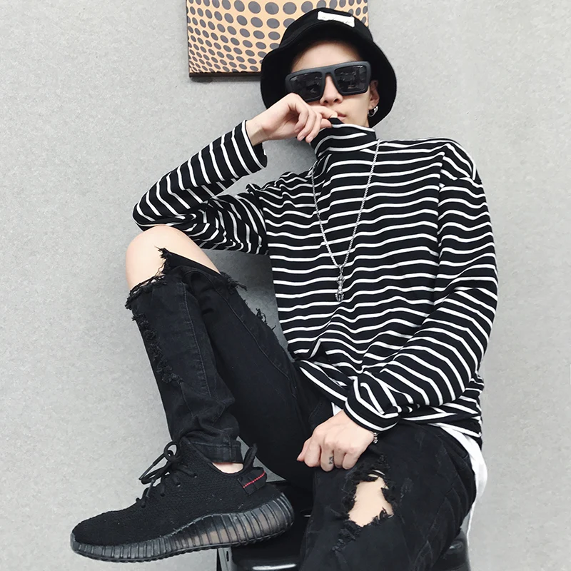 

Western Stylish Striped Men's Full-Sleeve T-Shirts Hip Hop Summer Male Casual Long-Sleeve Tops Tees Cotton Pullover Streetwear